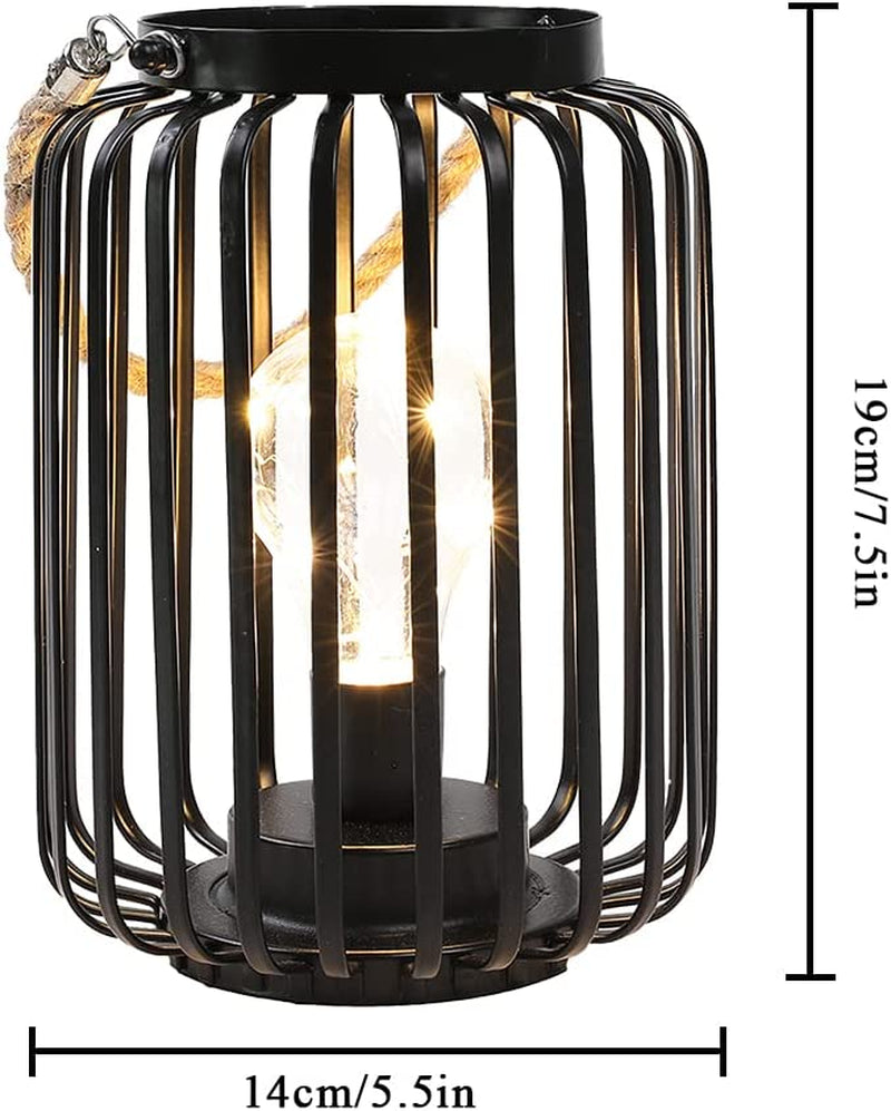 7.5" High Metal Cage Decorative Lamp Battery Powered Cordless Warm White Light with LED Edison Style Bulb Great for Weddings Parties Patio Events Indoors Outdoors with Hemp Rope Handle