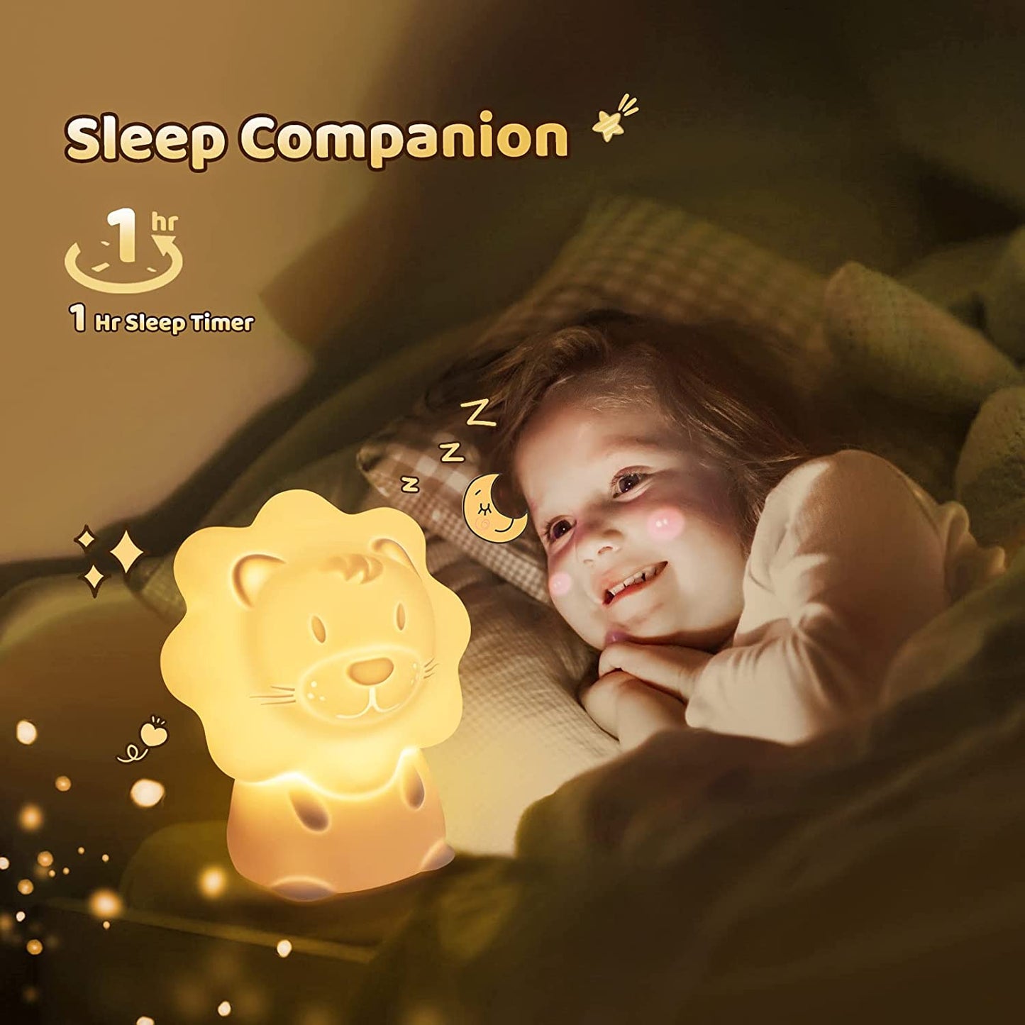 Cute Night Light for Kids – Paint Free Silicone Lion LED Nightlight, Nursery Lamp with Timer, for Toddler, Baby, Girls, Boys, Children Gift, Bedroom