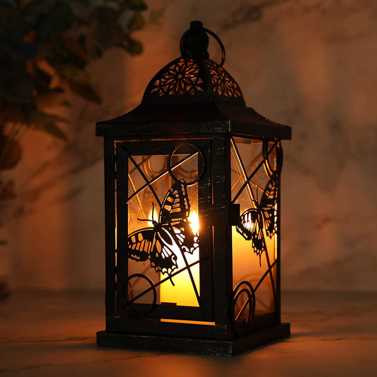 Butterfly Decorative Candle Lanterns 9.5" High Rustic Black Metal Lantern Candle Holder for Home Decor Indoor Outdoor Events Parties and Weddings (Black with Gold Brush)