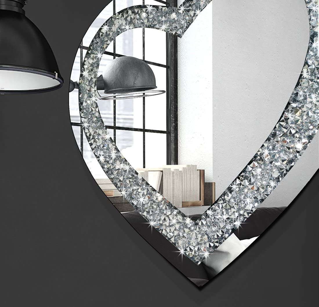 Crystal Crush Diamond Heart Shaped Silver Mirror for Wall Decoration 20X20X1 Inch Wall Hang Frameless Mirror Acrylic Diamond Décor.