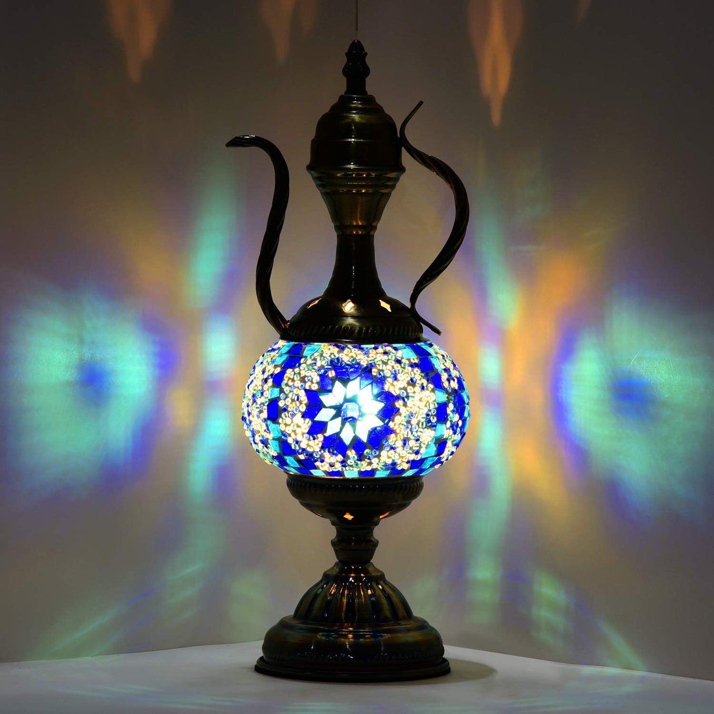 Turkish Mosaic Glass Table Lamp Teapot Moroccan Lantern Decorative Tiffany Style Desk Night Light for Bedroom,Living Room, Coffee Table (Blue)