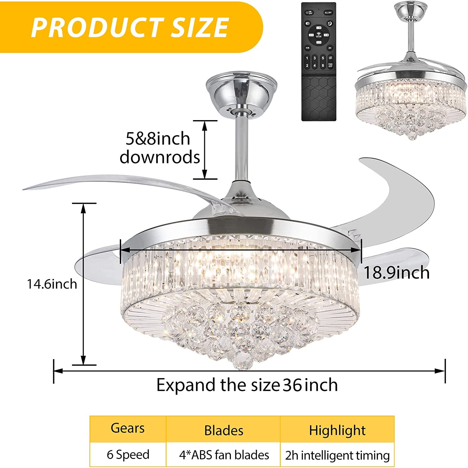 36 Inch Crystal Ceiling Fans with Lights, Modern Dimmable Fandelier LED Remote Control Retractable Invisible Blades Indoor Reversible Ceiling Light Kits with Fans for Decorate Living Room Bedroom