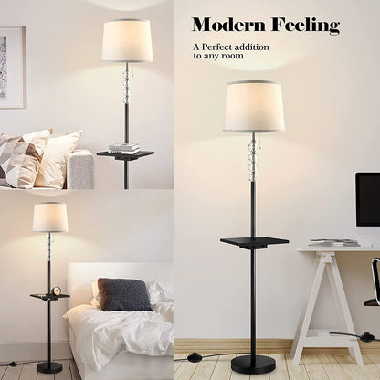 Floor Lamp for Living Room, Modern Crystal Tall Lamp, Standing Lamp with Tray Table and Dual Fast USB Ports, Bedroom Decor Reading Lamp with Foot Control and Linen Lamp Shade for Living Room, Office