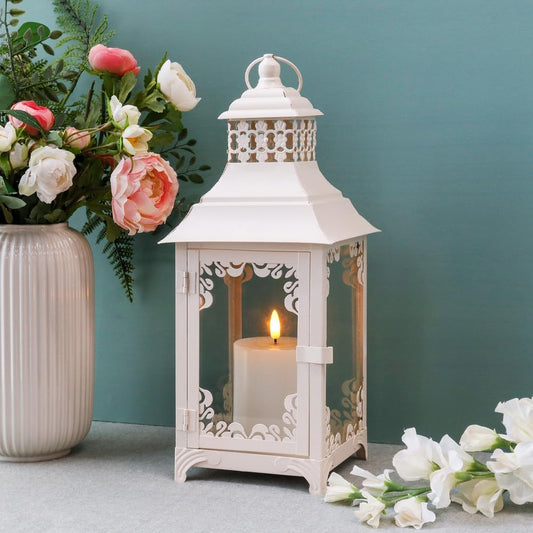 Decorative Candle Lantern 14.5''High Vintage Style Hanging Lantern Metal Candleholder for Indoor Outdoor Events Parities and Weddings（White）