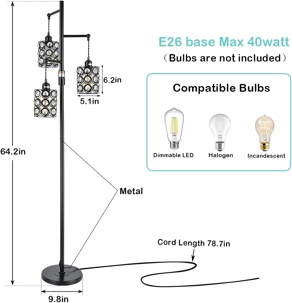 Airposta Industrial Floor Lamp with On/Off Dimmable Switch, 3-Head Rustic Glass Crystal Tall Tree Standing Lamp, 40W Farmhouse Torchiere Floor Lamp Light for Living Room, Reading, Office, Bedroom,Home