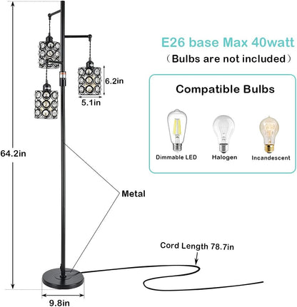 Airposta Industrial Floor Lamp with On/Off Dimmable Switch, 3-Head Rustic Glass Crystal Tall Tree Standing Lamp, 40W Farmhouse Torchiere Floor Lamp Light for Living Room, Reading, Office, Bedroom,Home