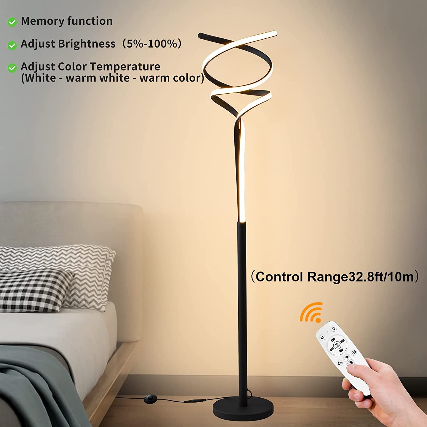 Sleek and modern black floor lamp with remote control for adjustable lighting. Perfect for elevating your living room, bedroom, and office spaces. My Store