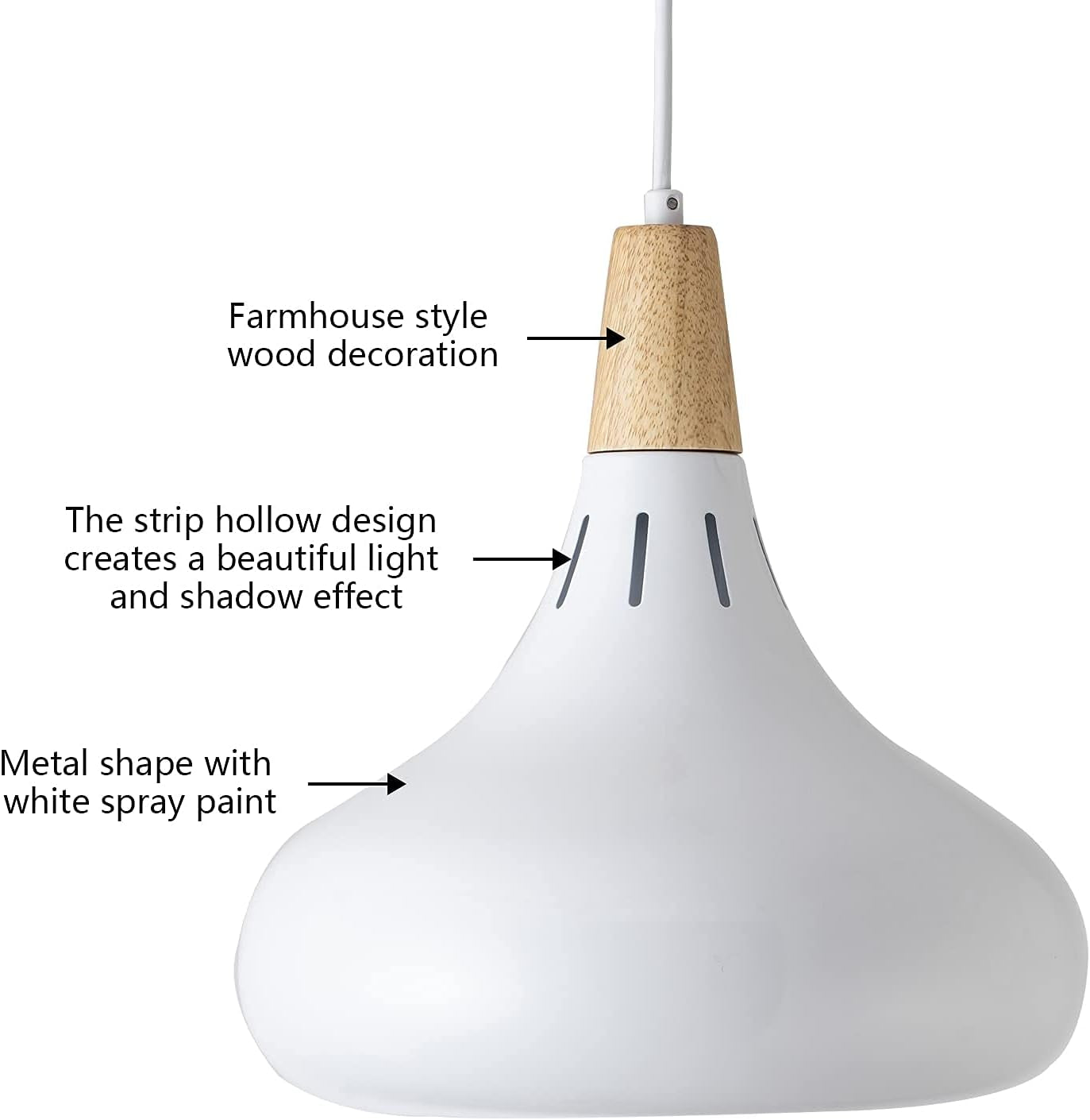 Modern Pendant Light Fixture with Wood, White Hanging Lighting Framhouse Metal Pendant Lamp for Kitchen Island, Living Room, Bedroom, Dinning Room