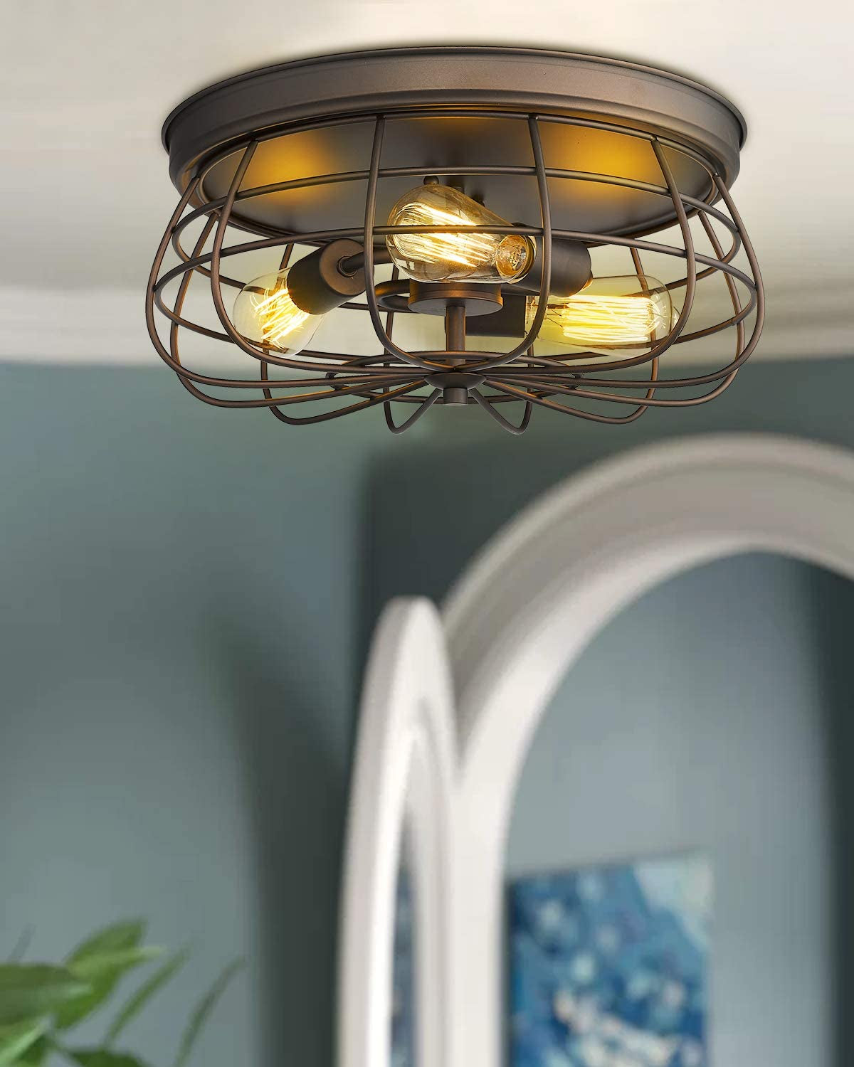3-Light Flush Mount Ceiling Light, 15 Inch Ceiling Light Fixture, Oil Rubbed Bronze and Metal Cage Shade, ZY16-F ORB