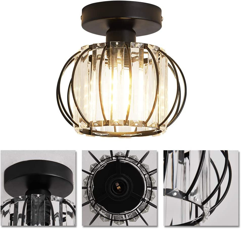 Semi Flush Mount Ceiling Light Fixture Antique Small Crystal Chandelier Indoor Lighting for Bathroom Hallway Cafe Bar Porch Hall（Black）