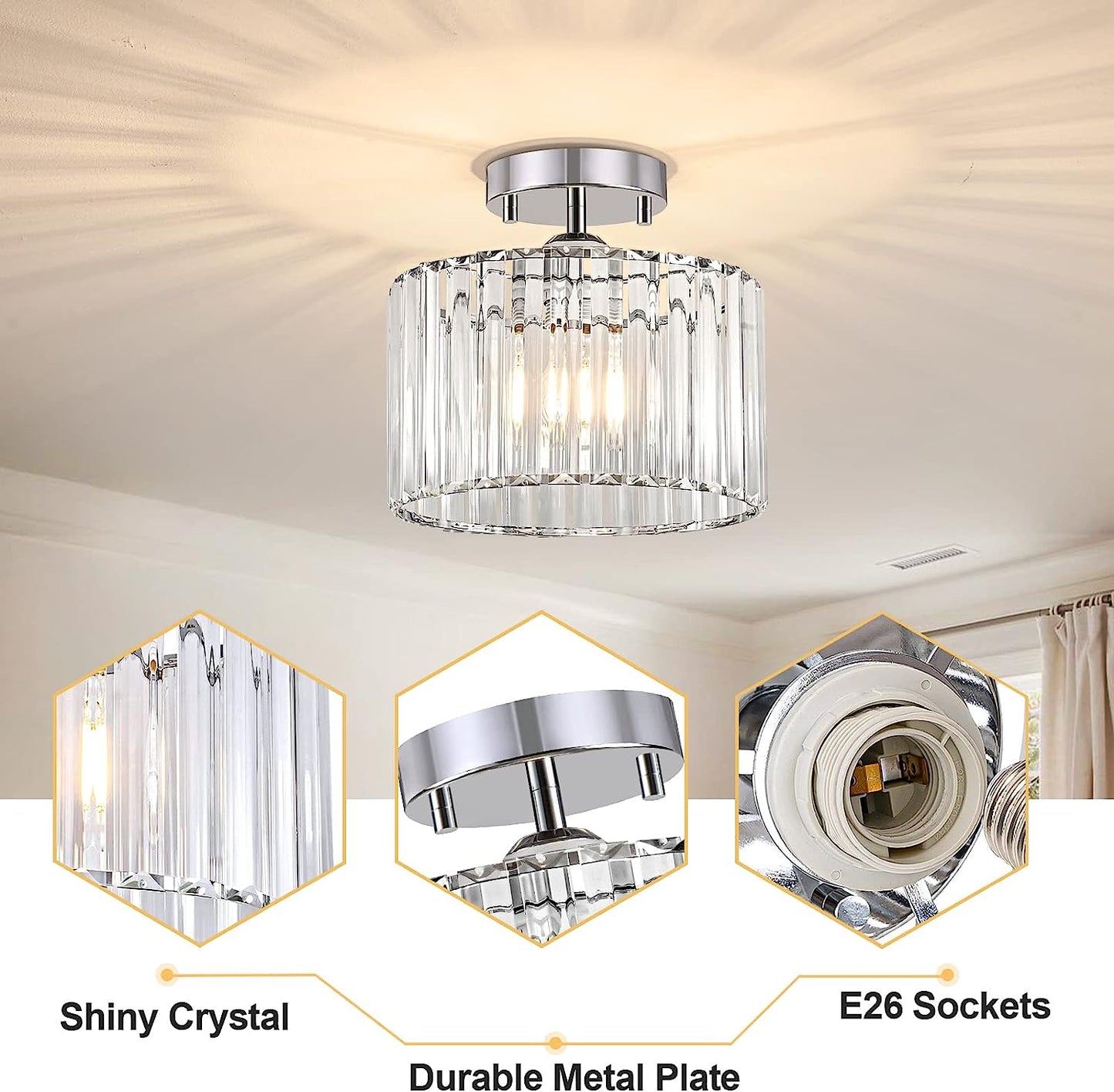 Semi Flush Mount Ceiling Light, Modern Crystal Ceiling Light Fixture, 9.5 Inch Small Crystal Chandeliers for Living Room Hallway Bedroom Kitchen Porch Entryway with E26 Base, Silver