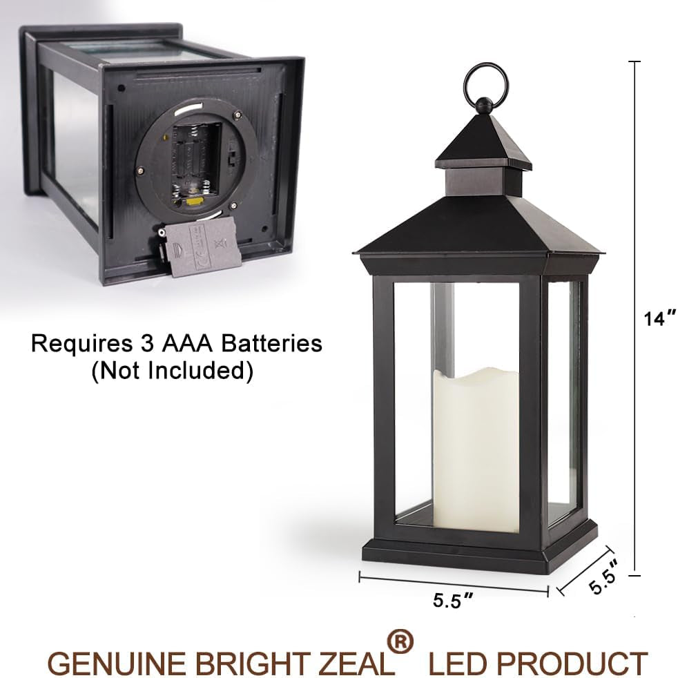 Bright Zeal 2-Pack 14" Decorative Candle Lantern Black Outdoor Lanterns with Timer Candles - IP44 Waterproof Vintage Lanterns Battery Powered LED Decorative for Wedding - Hanging Wall Lanterns Indoor