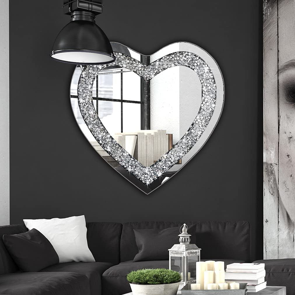 Crystal Crush Diamond Heart Shaped Silver Mirror for Wall Decoration 20X20X1 Inch Wall Hang Frameless Mirror Acrylic Diamond Décor.