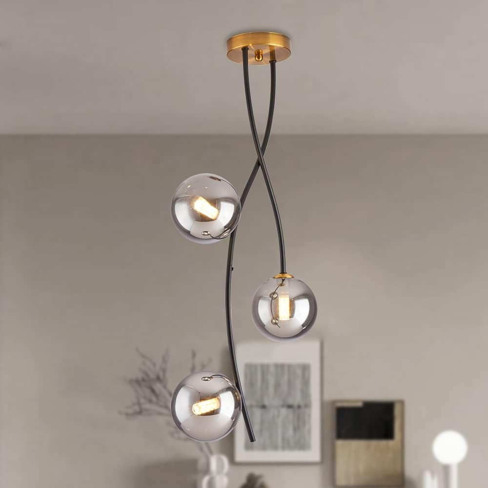 Modern Mid Century Black and Gold 3 Light Pendant Light with Globe Glass Shade,Farmhouse Ceiling Fixture for Dining Room Bedroom Kitchen Entrance Bathroom Chandeliers