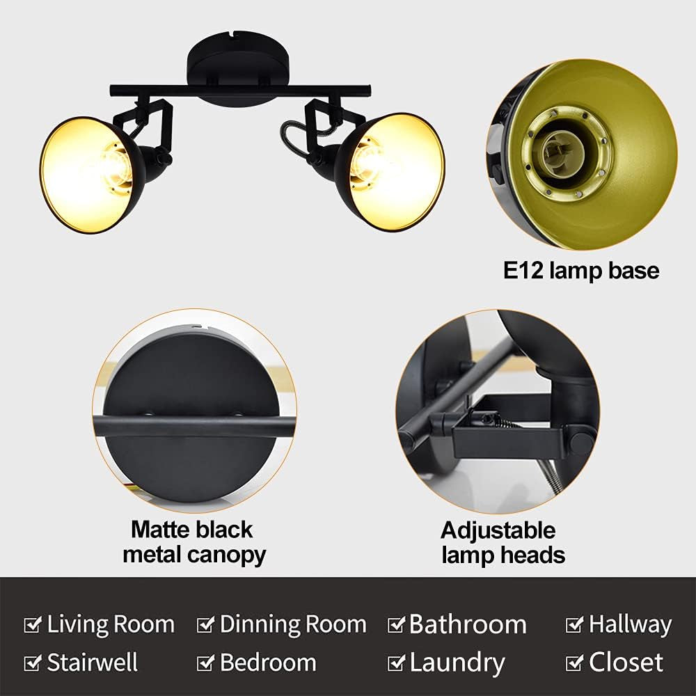 DLLT Industrial Track Light, Ceiling Track Lighting Fixture, 2-Light Adjustable Wall Spotlight for Kitchen, Bedroom, Dining Room, Office, Closet Room, E12 Base, Black