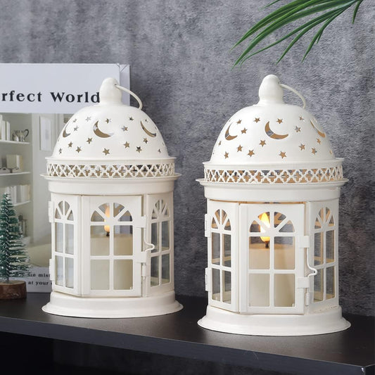 Set of 2 Decorative Lanterns-8.5 Inch High Vintage Style Hanging Lantern Metal Candle Holder for Indoor Outdoor Events Parities and Weddings (White)