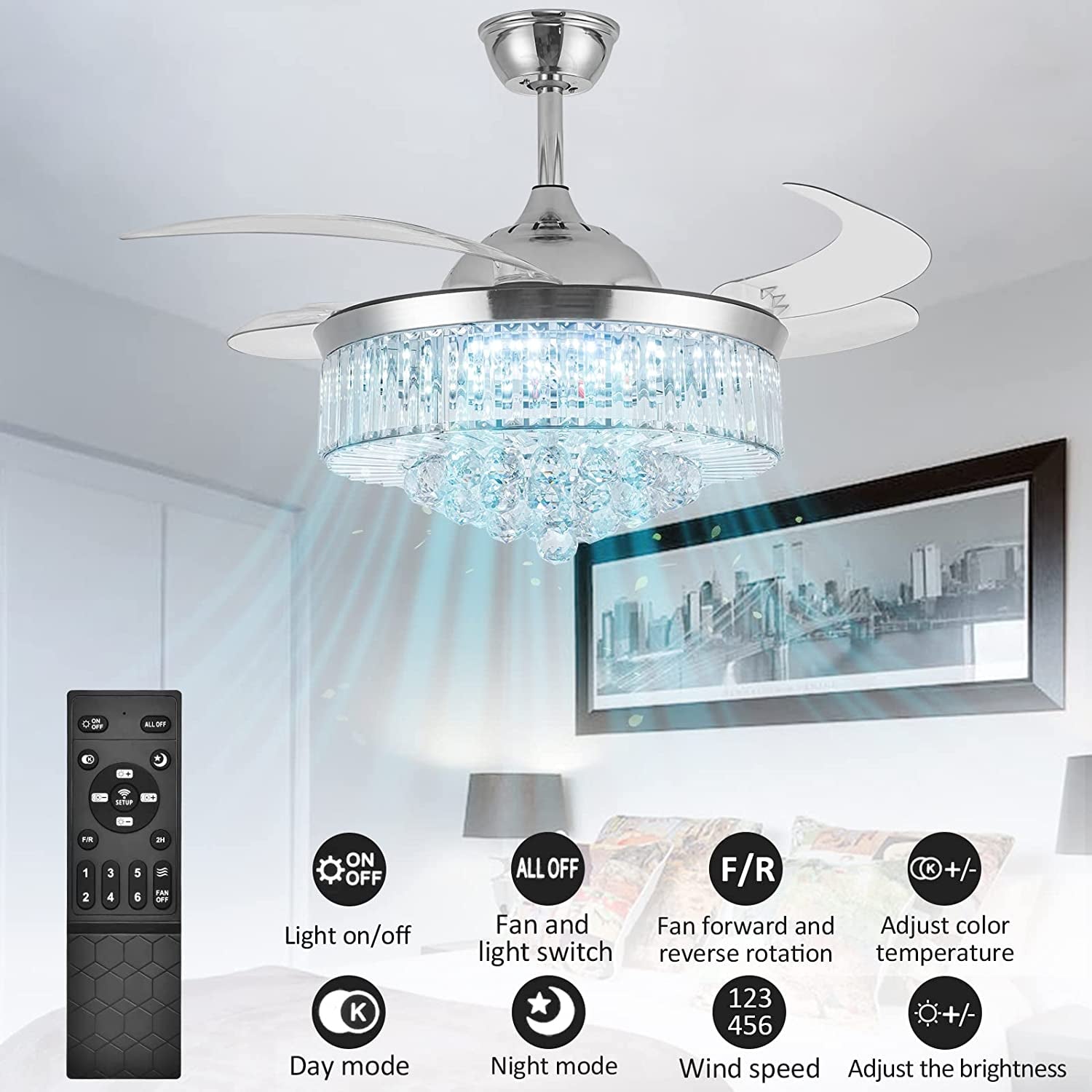 36 Inch Crystal Ceiling Fans with Lights, Modern Dimmable Fandelier LED Remote Control Retractable Invisible Blades Indoor Reversible Ceiling Light Kits with Fans for Decorate Living Room Bedroom