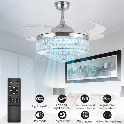 36 Inch Crystal Ceiling Fans with Lights, Modern Dimmable Fandelier LED Remote Control Retractable Invisible Blades Indoor Reversible Ceiling Light Kits with Fans for Decorate Living Room Bedroom