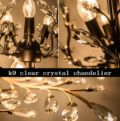 Garwarm 8-Light Vintage K9 Crystal Chandeliers Ceiling Lights LED Light Crystal Pendant Lighting Ceiling Light Fixtures Chandeliers Lighting for Living Room Bedroom Restaurant Porch Chandelier(Black)