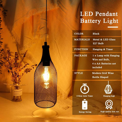 Hanging Lamp Black Battery Powered Decorative Pendant Lamp Metal Cage Battery Lamp with 6 Hours Timer for Bar Bedroom Garden Parties Patio Indoor Outdoor Living Room(Wine Bottle Shaped)