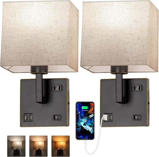 Wall Sconce Lighting,Bedside Wall Mount Light with USB Port,Ac Outlet and 3 Color Temperature 2700K/4000K/5000K, Fabric Linen Shade,Wall Lamps for Bedroom Living Room Hotel,Hardwire,Black 2PK