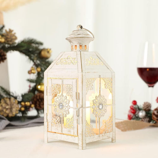 Decorative Lantern 9.5" High Metal Candle Lantern Vintage Style Hanging Lantern for Wedding Parties Indoor Outdoor(White with Gold Brush).