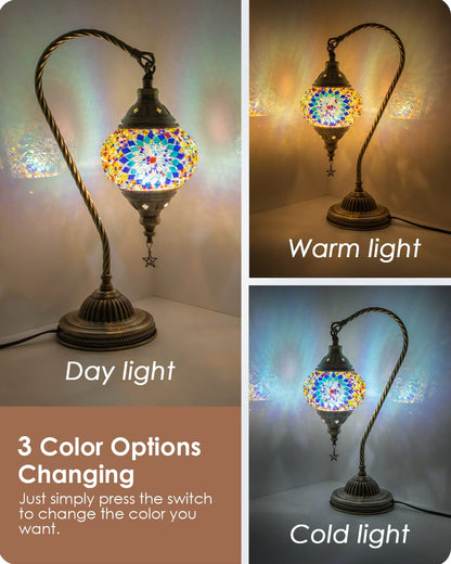 Turkish Moroccan Lamp with Bronze Base 3 Color Options Handmade Swan Neck Tiffany Mosaic Glass Bedside Lamps for Bedroom (LED Bulb Included)(1)