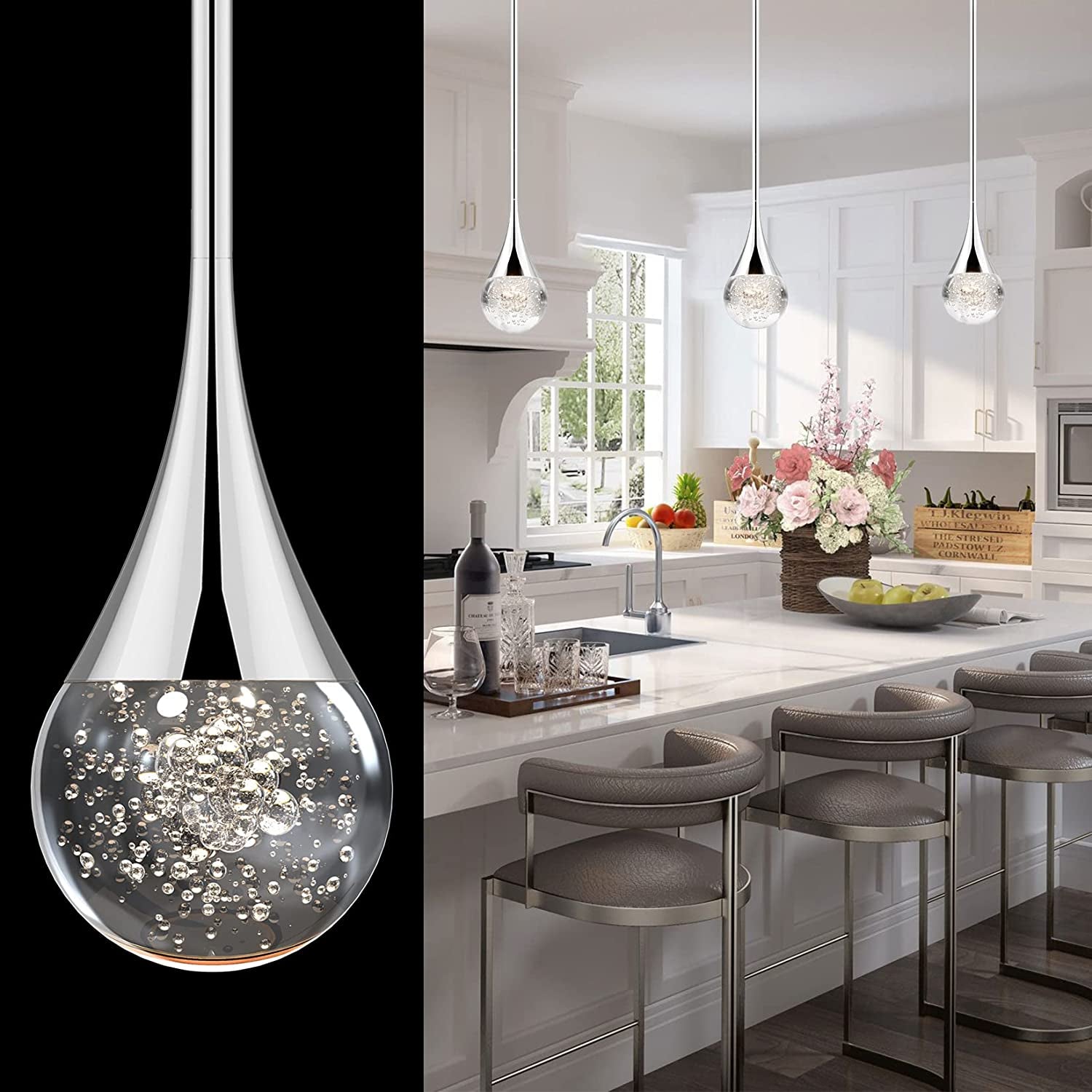 Crystal Pendant Light Fixtures for Kitchen Island, Dimmable Integrated LED Lighting with Crystal Glass Chrome Finished, Modern Pendant Light for Kitchen Island Dining Room Bar (1-Light)