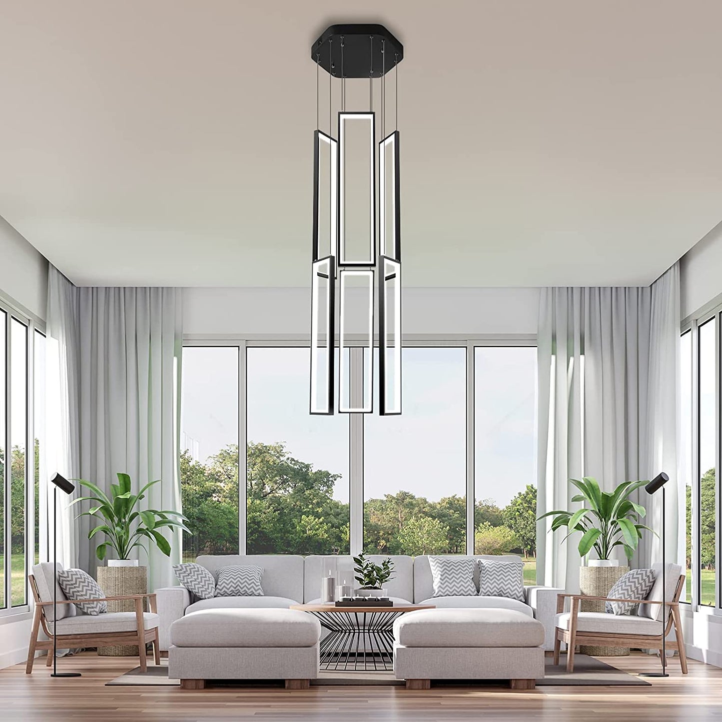 Modern Chandelier Modern Led Chandelier Adjustable Black Chandelier 6 Rings Rectangle Chandelier Living Room Foyer Chandelier Lighting Fixture High Ceiling Chandelier Hanging Modern Ceiling Light