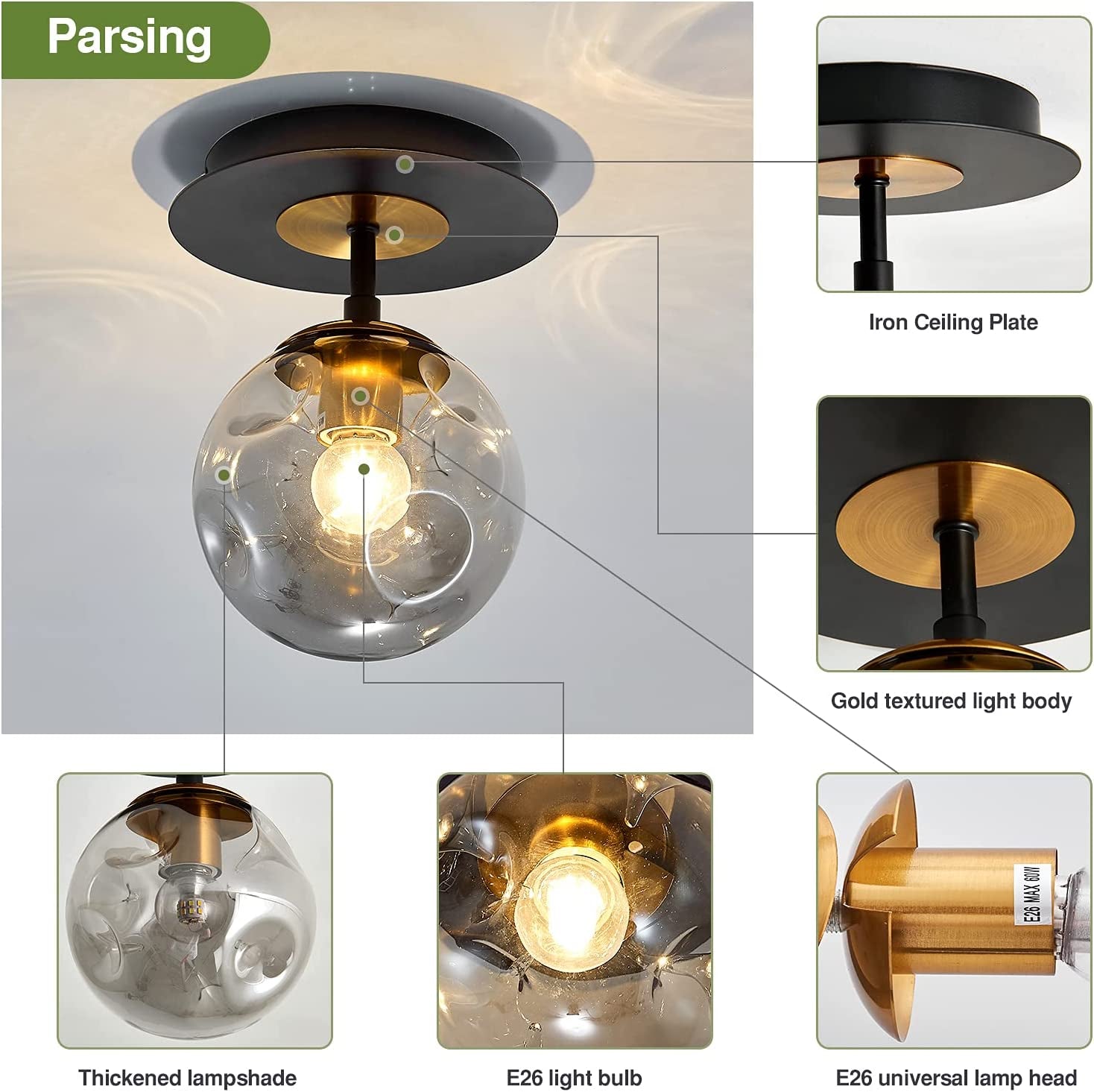Sleek and stylish 1-Light Glass Globe Flush Mount for contemporary ceiling lighting.