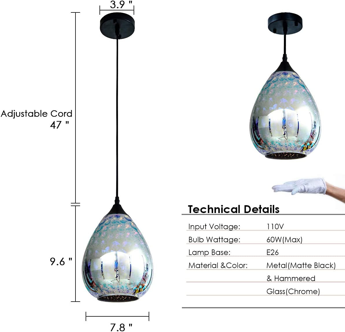 Pendant Lights for Kitchen Island, Glass Modern Hanging Ceiling Light Fixtures Dining Table Bathroom Bedroom Sink Bar, Pendant Kitchen Lighting with Colored Shade 7.8 Inch Diam