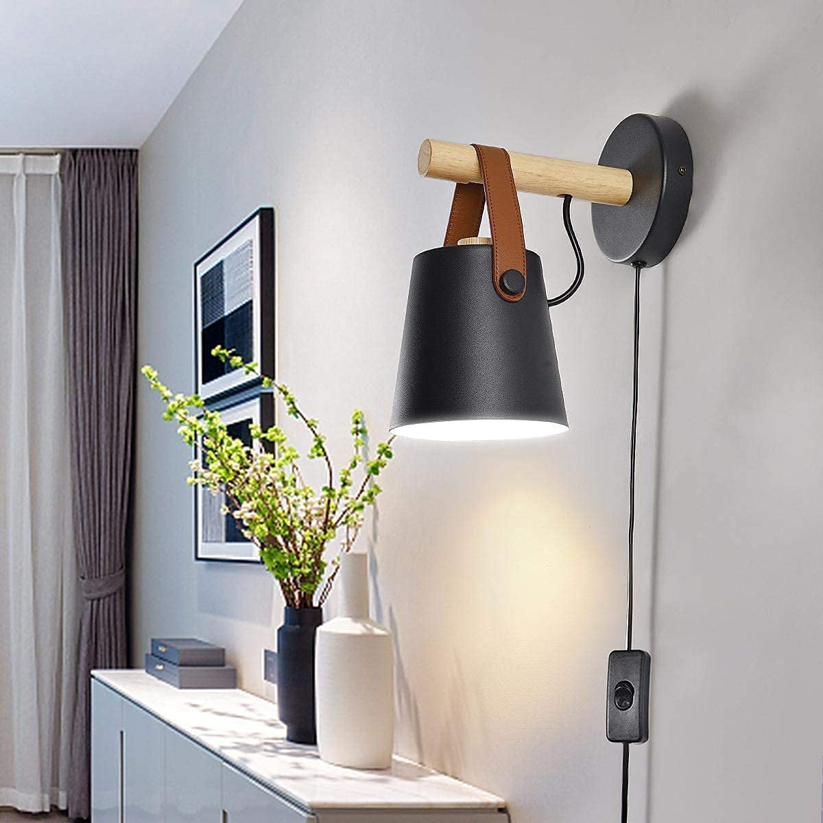 Wall Lamps for Bedroom Set of 2 Indoor Plug in Wall Sconces Black Modern Wooden Sconces Wall Lighting Fixture E26 Base for Nightstand or Farmhouse Aisle Corridor