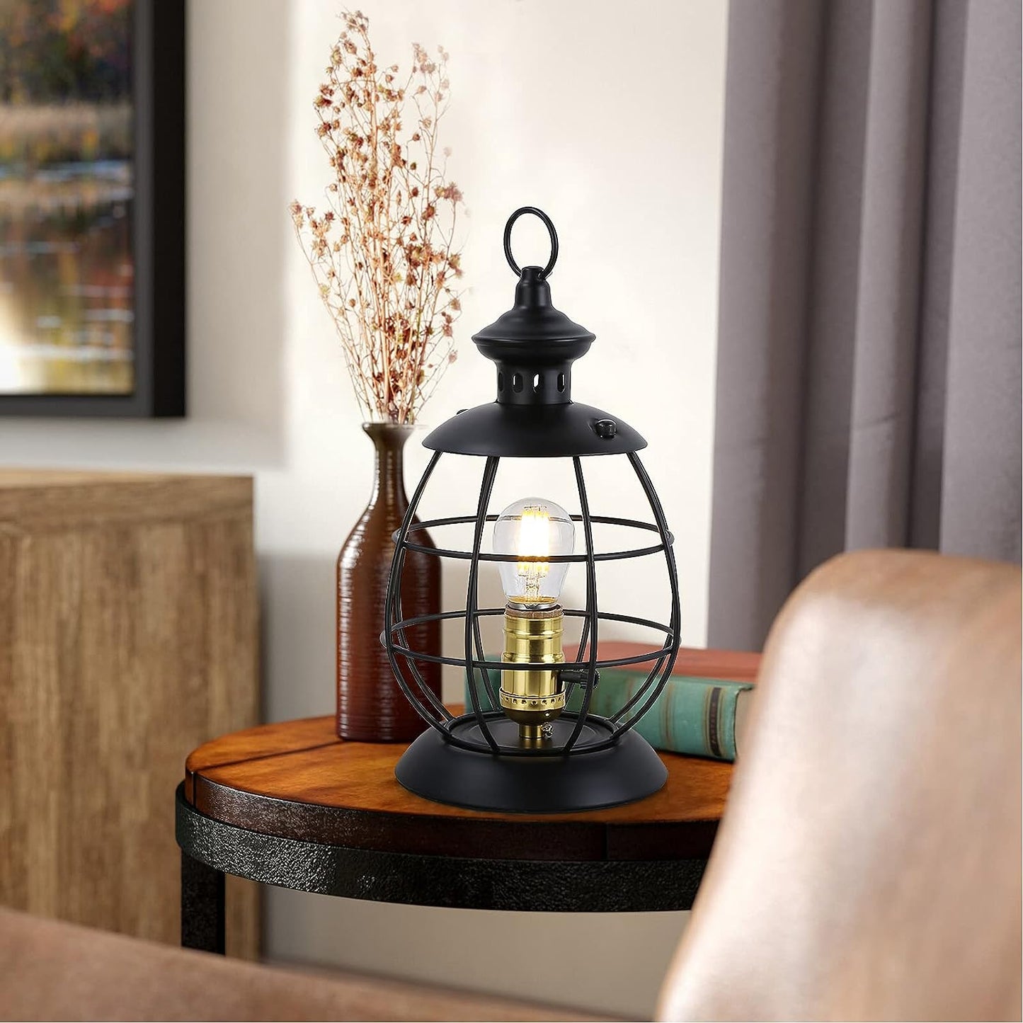 Antique Industrial Electric Lantern Table Lamp for Bedroom Bedside, Metal Cage Shade Reading Desk Lamp with Hanging Hoop for Living Room, Modern Retro Mid-Century Farmhouse Décor Black(No Bulbs)