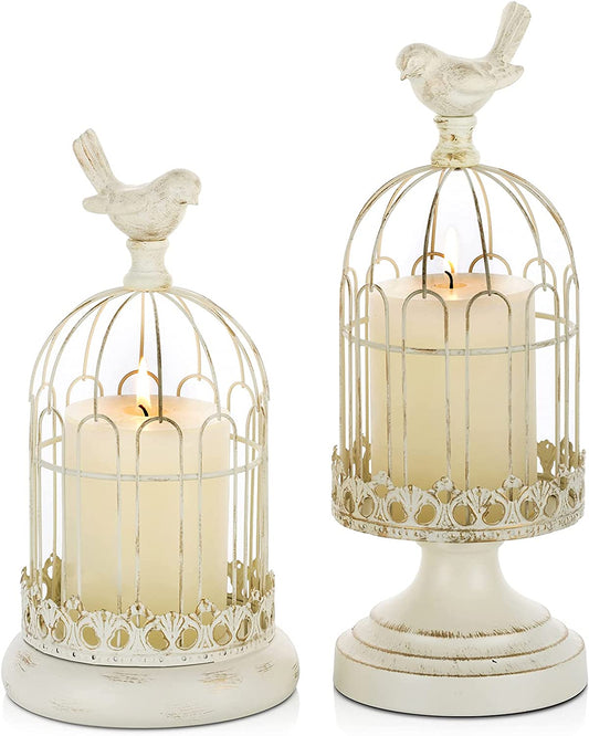 Decorative Candle Holder Bird Cage - Set of 2 Cage Lanterns for Candleholder Shabby Chic Country Home Decoration Table Centerpiece Mantel Decor, 10’’/12’’ Tall, Distressed Ivory