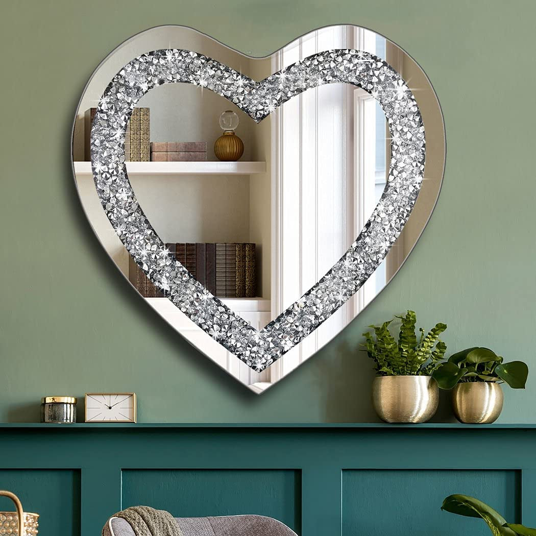 Crystal Crush Diamond Heart Shaped Silver Mirror for Wall Decoration 20X20X1 Inch Wall Hang Frameless Mirror Acrylic Diamond Décor.