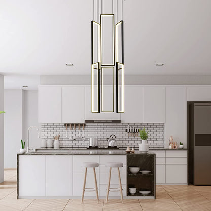 Modern Chandelier Modern Led Chandelier Adjustable Black Chandelier 6 Rings Rectangle Chandelier Living Room Foyer Chandelier Lighting Fixture High Ceiling Chandelier Hanging Modern Ceiling Light