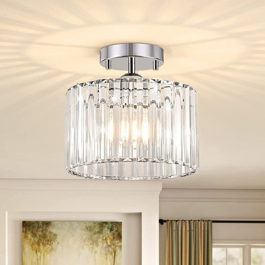 Semi Flush Mount Ceiling Light, Modern Crystal Ceiling Light Fixture, 9.5 Inch Small Crystal Chandeliers for Living Room Hallway Bedroom Kitchen Porch Entryway with E26 Base, Silver