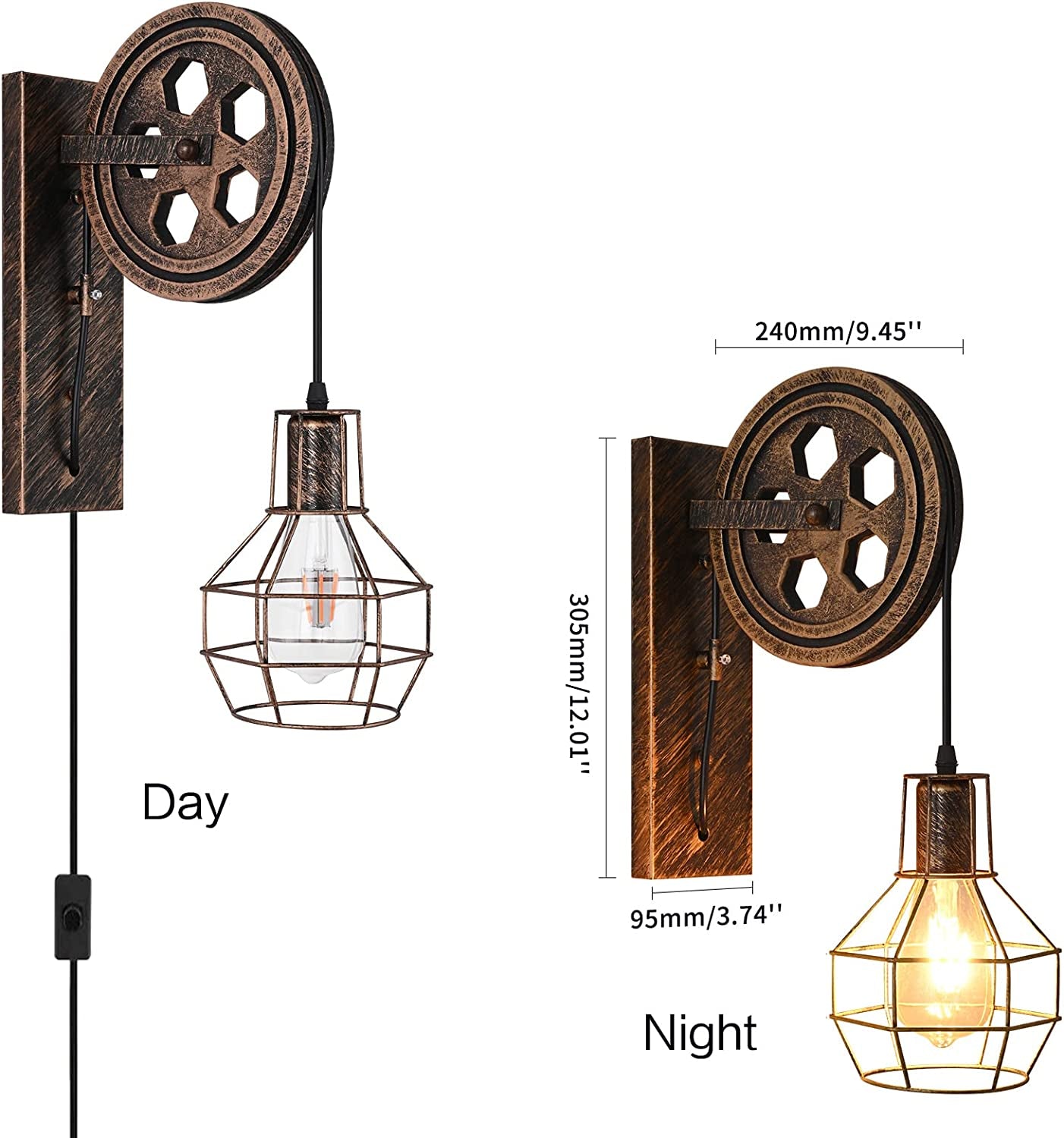 Retro Industrial Wall Sconce, 2Pack Antique Brass Vintage Plug in Wall Lighting, Industrial Lantern Retro Lamp Metal Wall Light Fixtures for Bedside Bedroom Home Dining Room