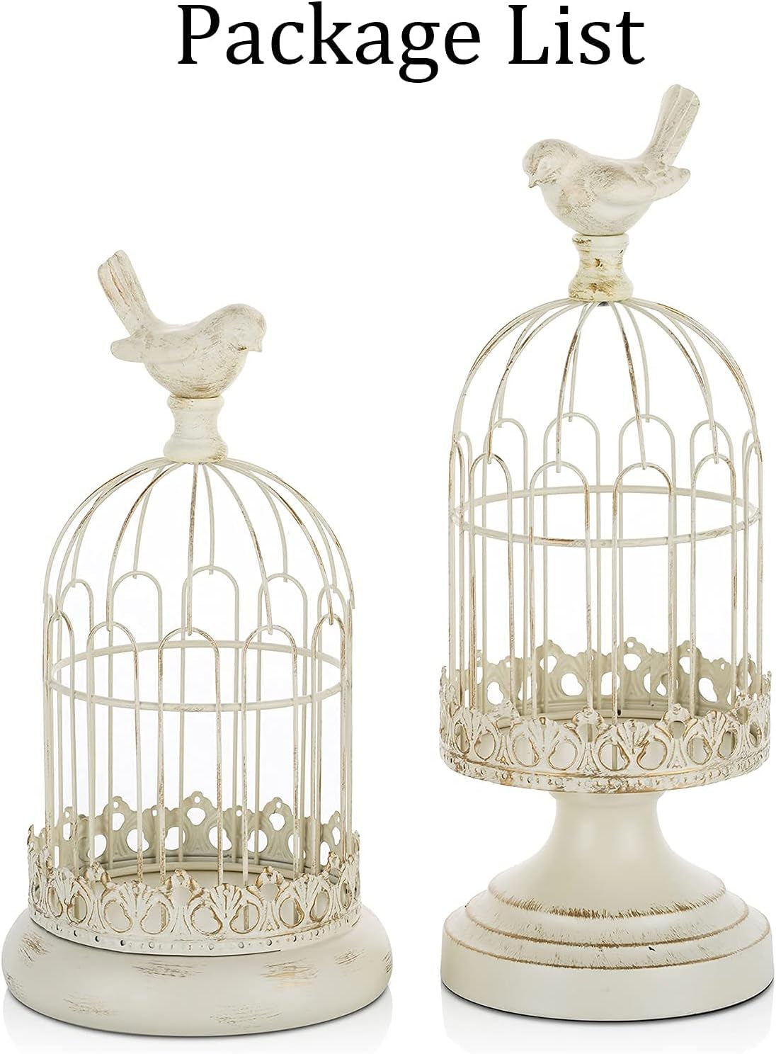 Decorative Candle Holder Bird Cage - Set of 2 Cage Lanterns for Candleholder Shabby Chic Country Home Decoration Table Centerpiece Mantel Decor, 10’’/12’’ Tall, Distressed Ivory