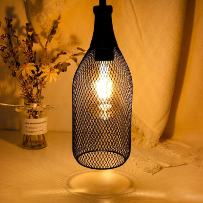 Hanging Lamp Black Battery Powered Decorative Pendant Lamp Metal Cage Battery Lamp with 6 Hours Timer for Bar Bedroom Garden Parties Patio Indoor Outdoor Living Room(Wine Bottle Shaped)