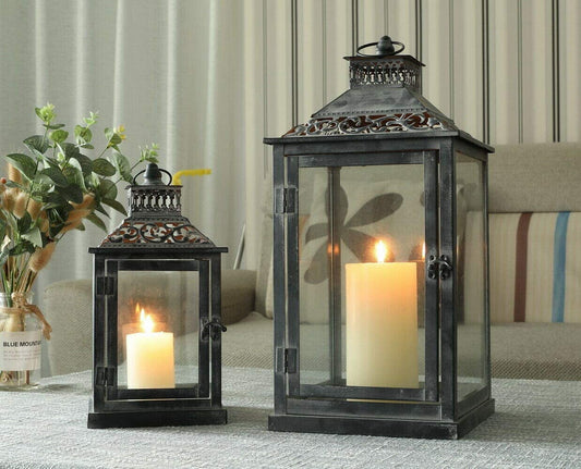 Set of 2 Antique Grey Brush Decorative Lanterns Metal Candle Lanterns for Indoor Outdoor Events Paritie and Weddings Vintage Style Hanging Lantern(With Glass)