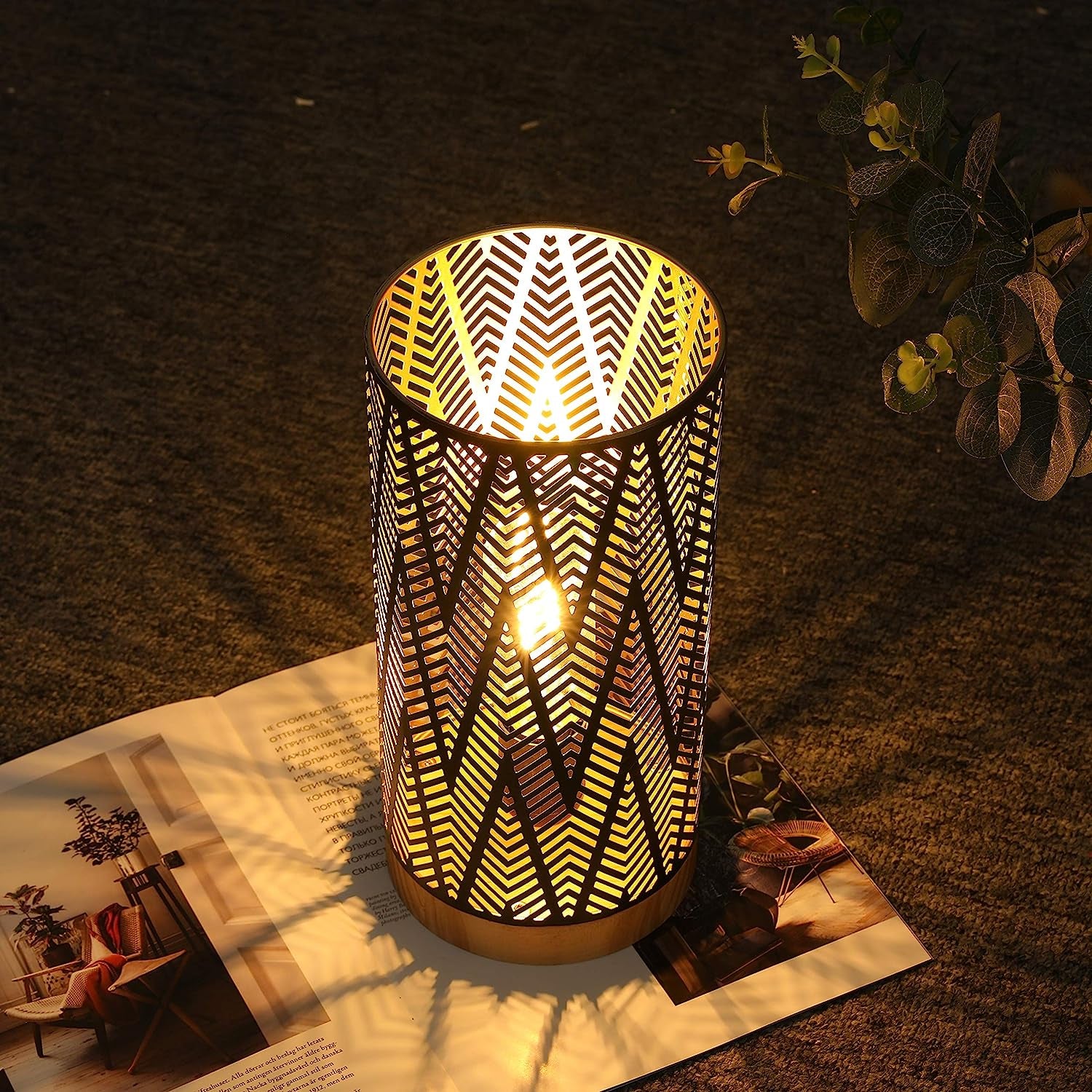 Metal Lamp Battery Powered 11''High Accent Cordless Lamp with LED Bulb Line Patterned Battery Lamp for Weddings Party Patio Garden Indoors Outdoors Table Balcony(With Wooden Base)