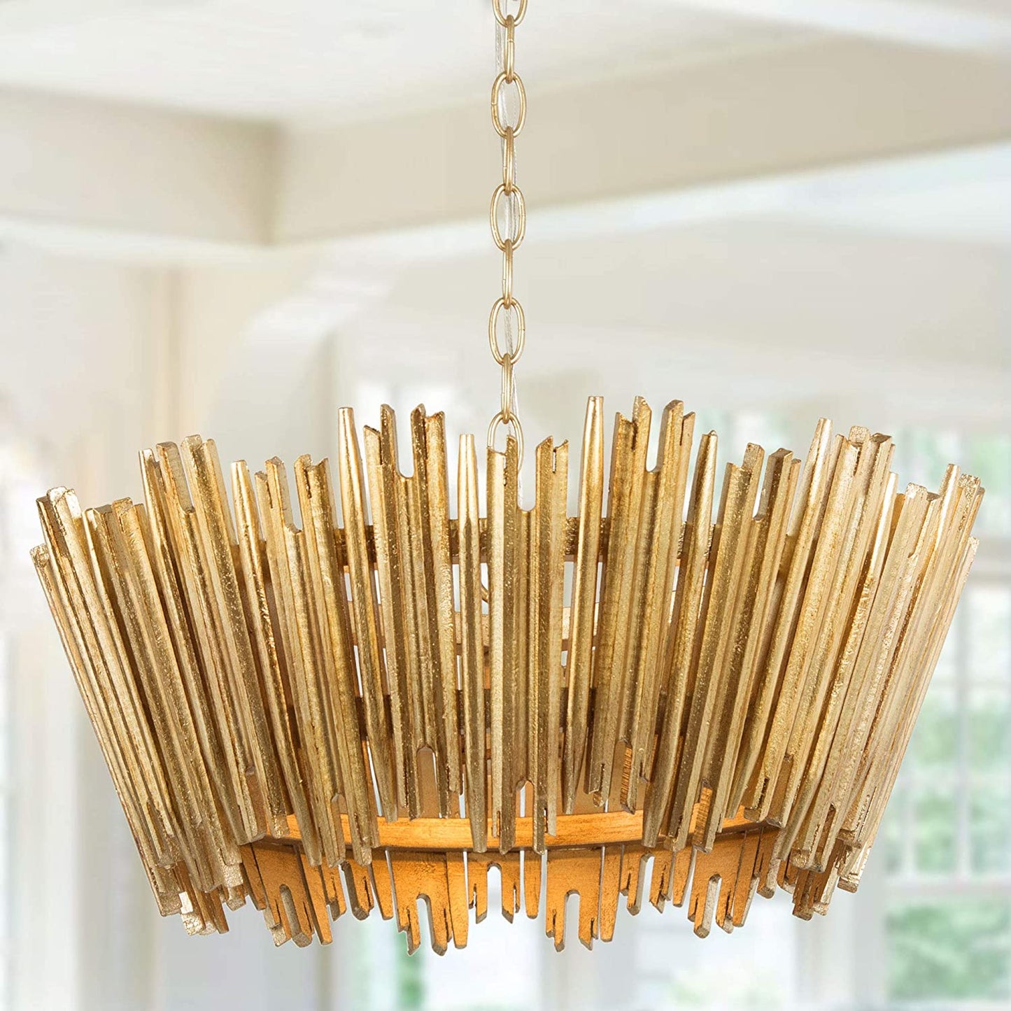 Gold Chandelier, Modern Farmhouse Chandelier, Dining Room Lighting Fixtures Hanging with Wood Framework and Gold Finish, Chandeliers for Dining Rooms, Kitchen, Foyer, Living Room, 20" D X 8" H