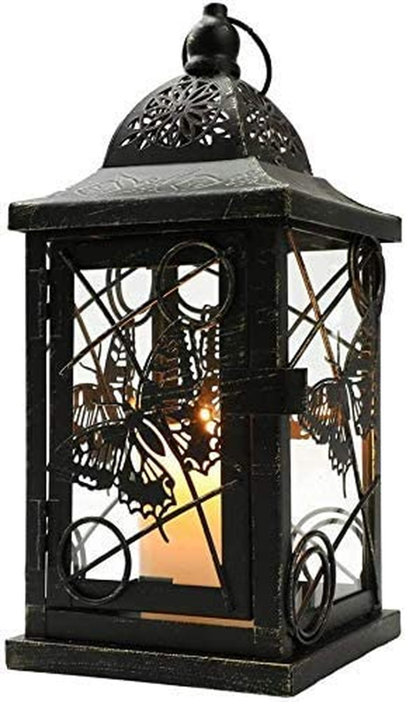 Butterfly Decorative Candle Lanterns 9.5" High Rustic Black Metal Lantern Candle Holder for Home Decor Indoor Outdoor Events Parties and Weddings (Black with Gold Brush)