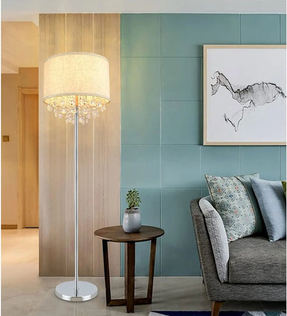 DLLT Crystal Floor Lamp for Living Room Modern Standing Lamp for Bedroom, Chrome Finish 64” Tall Pole LED Floor Lamp, 9W Bulb Included, Fabric Shade, Silver