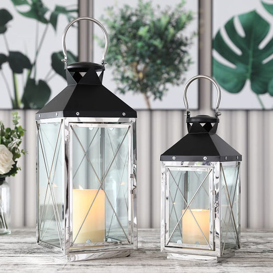 Set of 2 Stainless Steel Decorative Candle Lanterns 19"&14" Farmhouse Metal Lanterns with Glass for Indoor Outdoor Events Parities Weddings Vintage Hanging Lantern (Silver Body, Black Top)