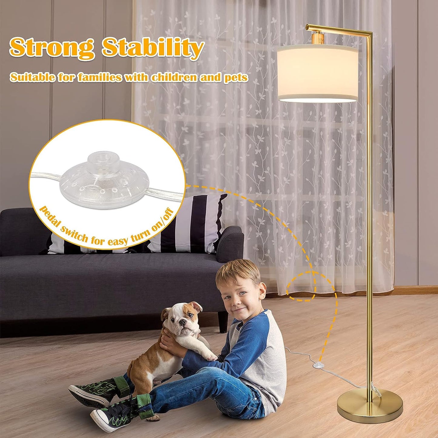 Fully Dimmable LED Floor Lamp, Modern Floor Lamp with Dimmer & Foot Switch, Gold Floor Lamp with Hanging Shade, Reading Light Tall Standing Lamp for Living Room Bedroom Office, 8W LED Bulb Included