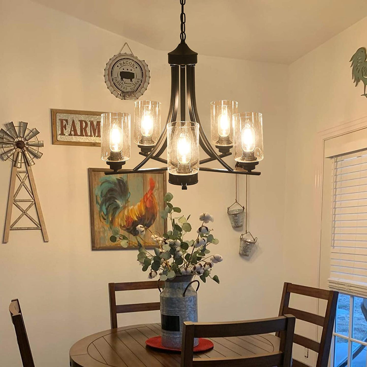 Black 5-Lights Glass Chandelier,Rustic Metal Pendant Lighting,Ceiling Light Fixtures Hanging for Farmhouse Kitchen Living Room Foyer Dining Room.