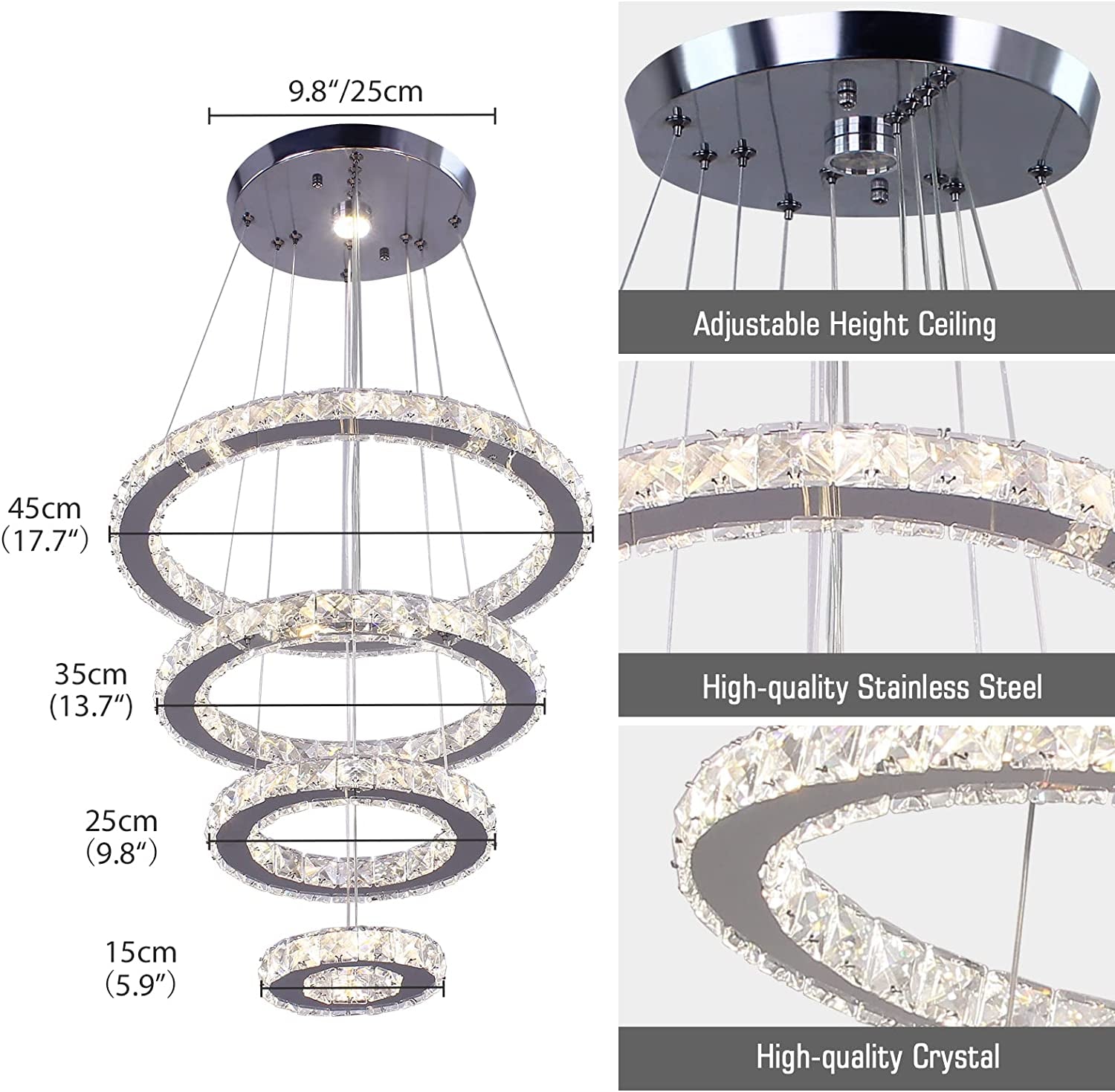 Crystal Chandeliers Modern LED Rings Pendant Light Adjustable Stainless Steel Ceiling Light Fixture for Living Room Dining Room Bedroom (Dimmable)