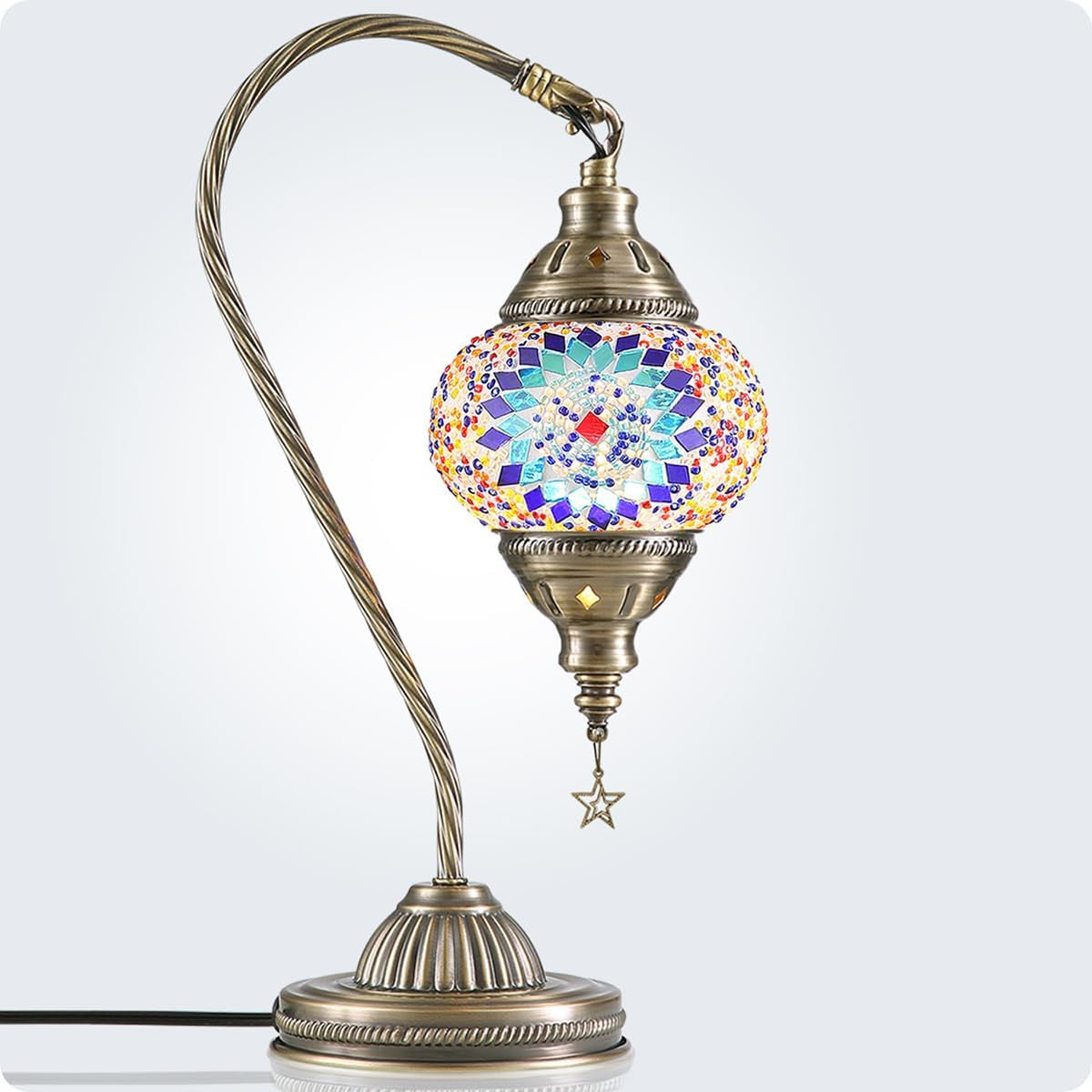 Turkish Moroccan Lamp with Bronze Base 3 Color Options Handmade Swan Neck Tiffany Mosaic Glass Bedside Lamps for Bedroom (LED Bulb Included)(1)